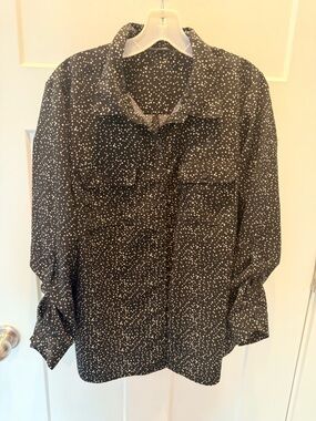 Notations Black Polka Dot Button Front Blouse Roll Tab Sleeve Pockets Size L